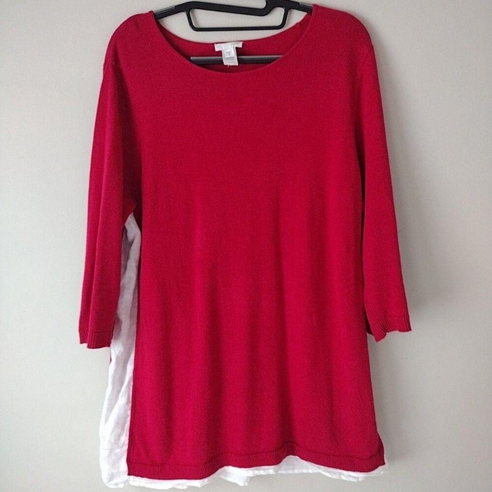 J. Jill Sweater Tunic Womens Medium Red Linen Side Panels 3/4 Sleeve Knit